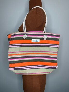 Neiman Marcus Striped Canvas Tote - Orange, Pink, Olive
